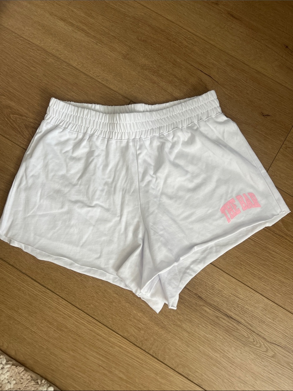 The Bar White Athletic Lounge Shorts with Pink Logo